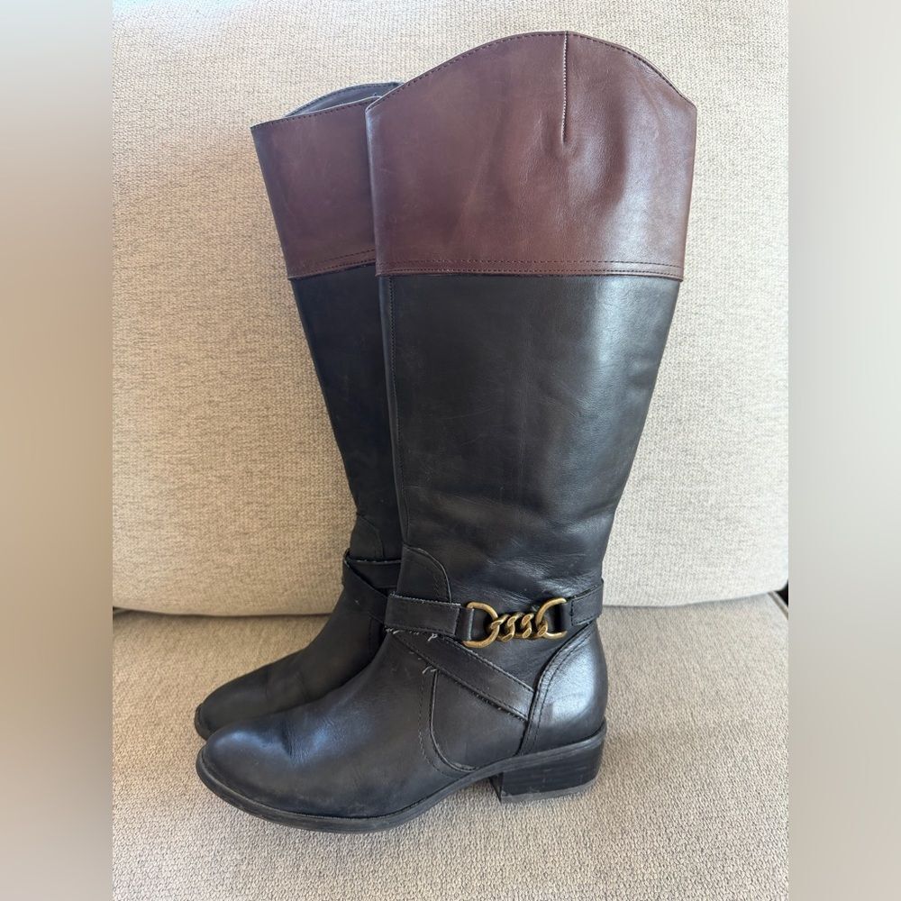 Lauren Ralph Lauren Menna Leather Riding Boots Black and Brown Tall Heeled 7B